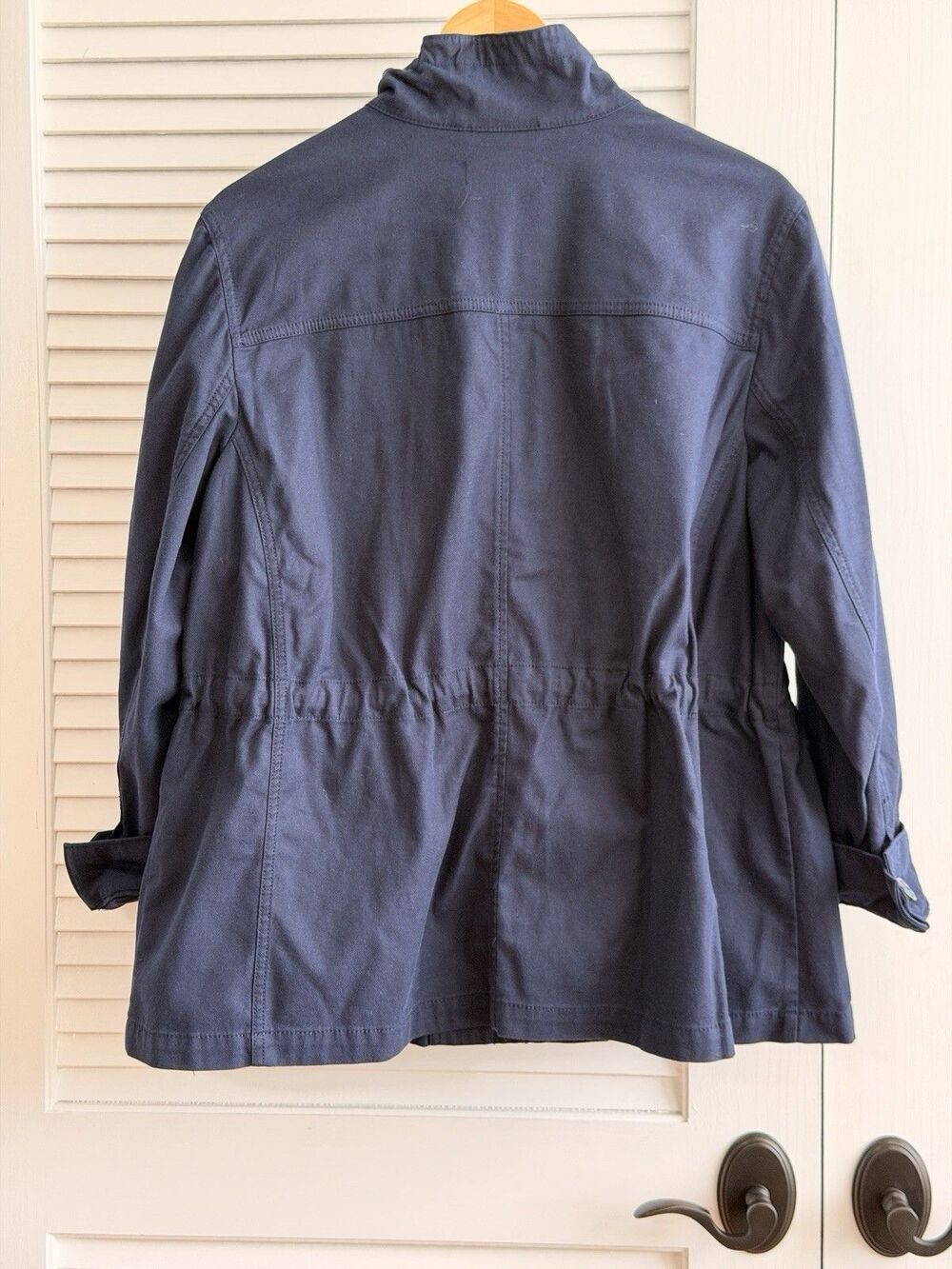 Talbots Plus Petite 1XP Navy Utility Field Jacket Ruffle Collar Drawstring - Picture 2 of 10